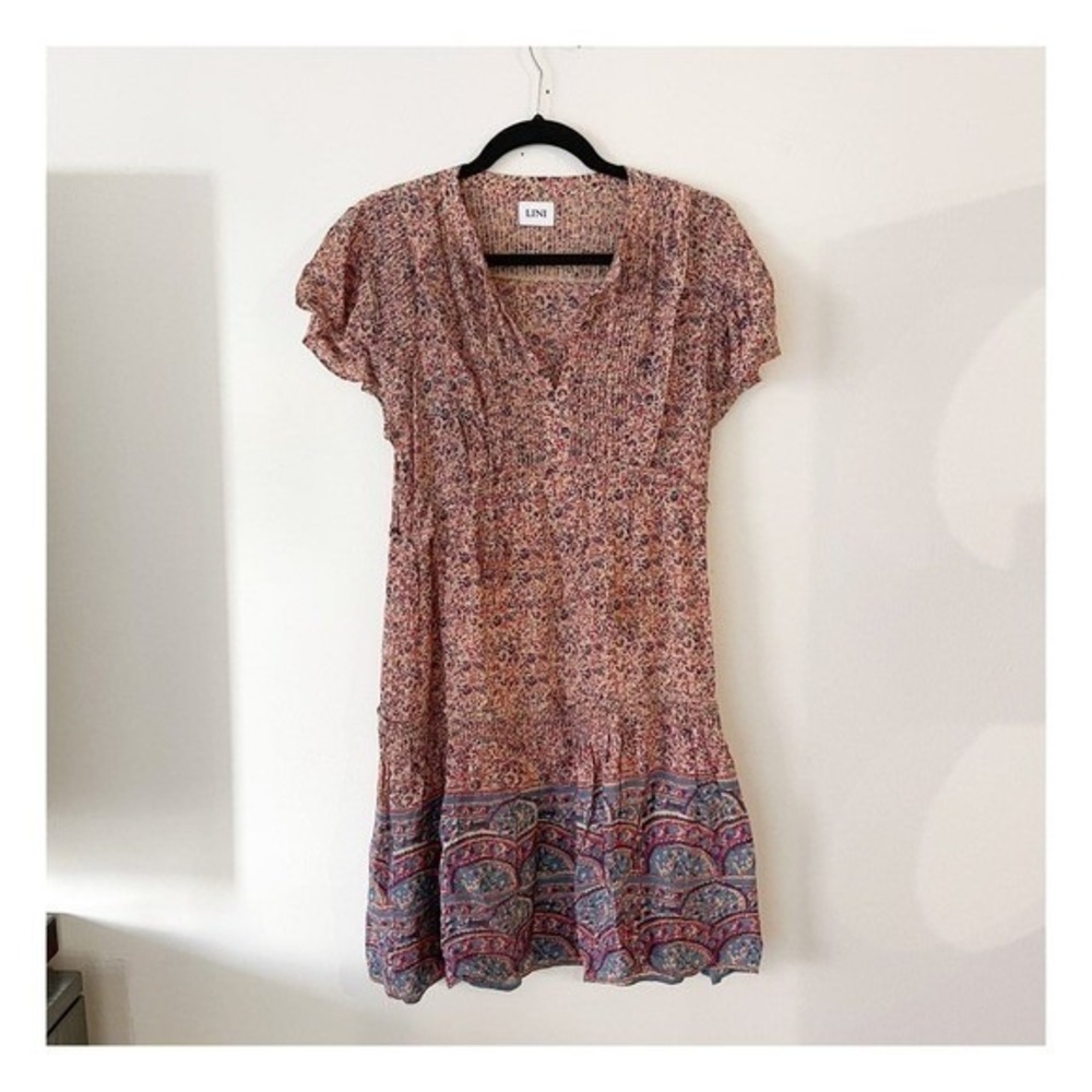 LINI Women's Pink Blue Ruffle V Neck Short‎ Sleeve Mini Dress Size S